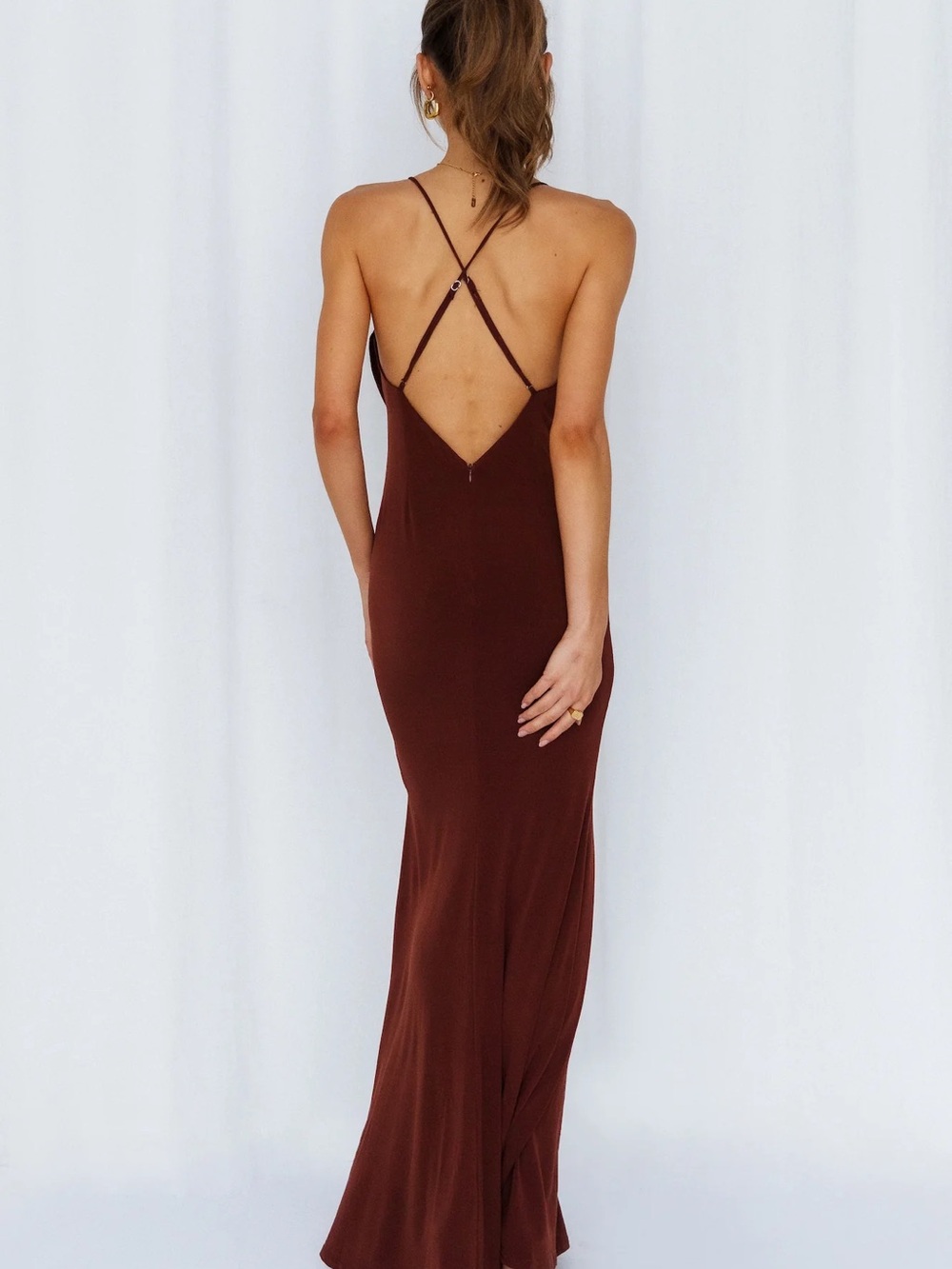 Hello Molly Chocolate Brown Open Back Maxi Dress XS 2 NWT Formal Evening Gown - Picture 3 of 11